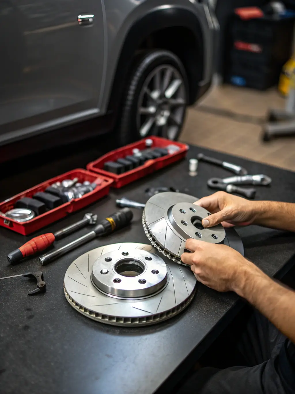 A mechanic inspecting the brakes of a car, with a focus on the brake pads and rotor, showcasing the attention to detail in Bear Mountain Auto Repair's brake services.