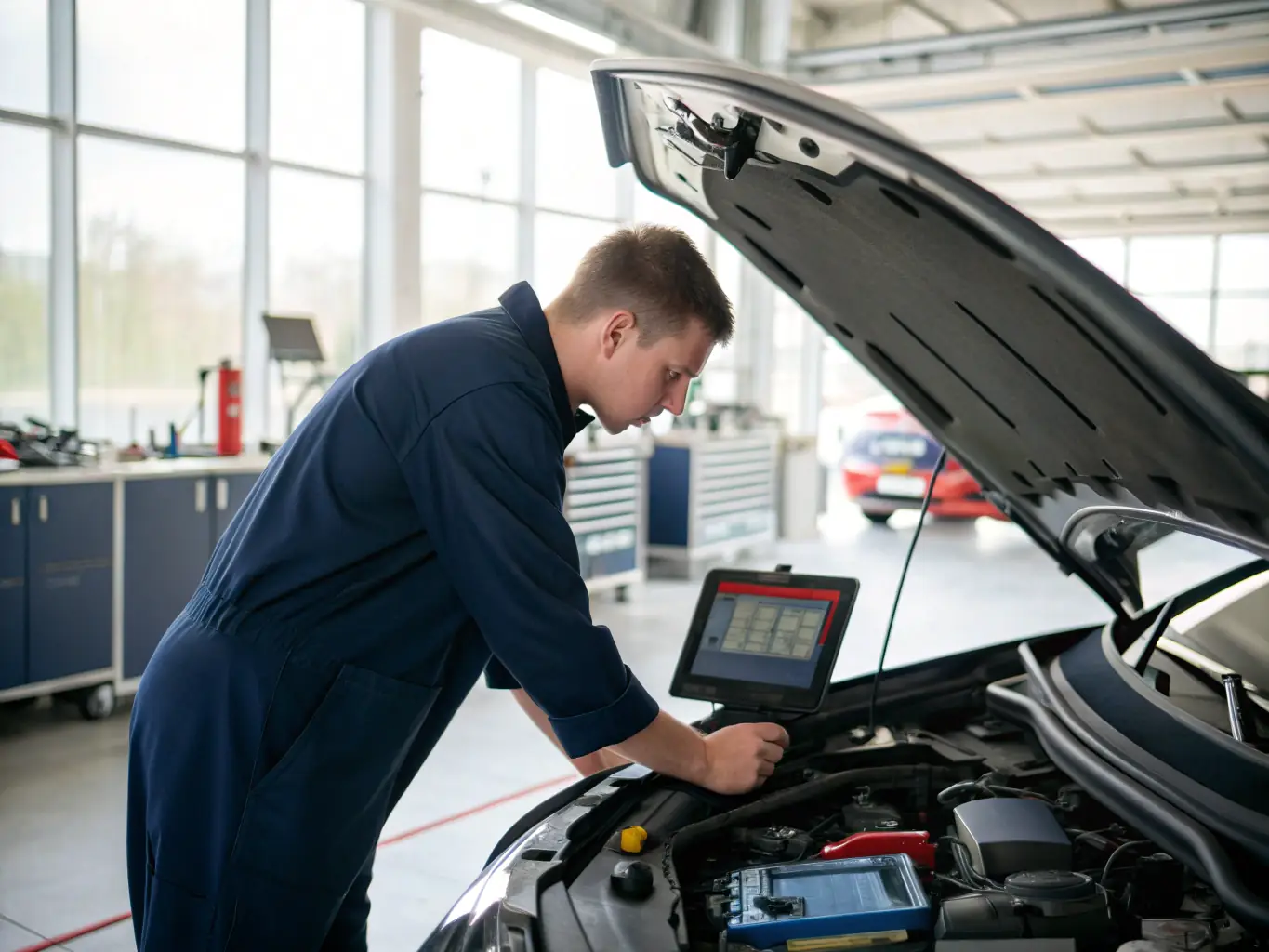 A mechanic using a diagnostic tool to check a car engine in a well-lit auto repair shop, focusing on the diagnostic screen and the engine components.
