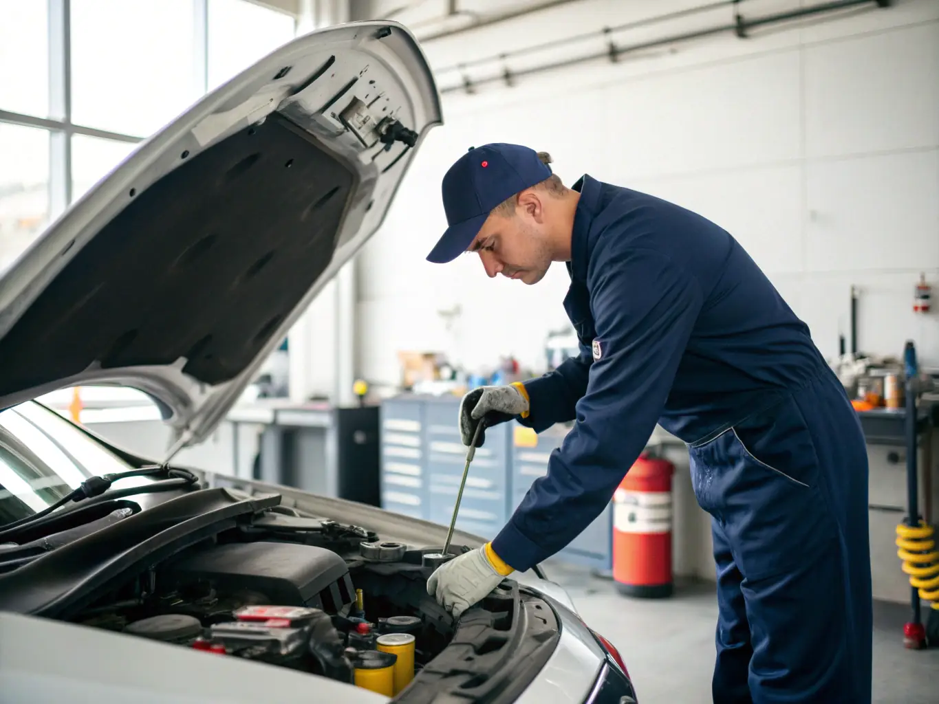 A technician checking the fluid levels of a car, including coolant, brake fluid, and power steering fluid, ensuring they are at the correct levels for optimal performance.