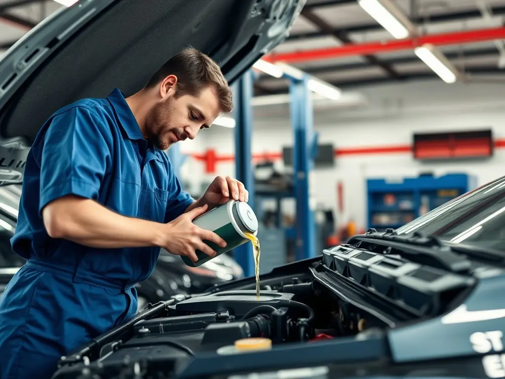A mechanic performing an oil change on a car, highlighting the cleanliness and precision of the service.
