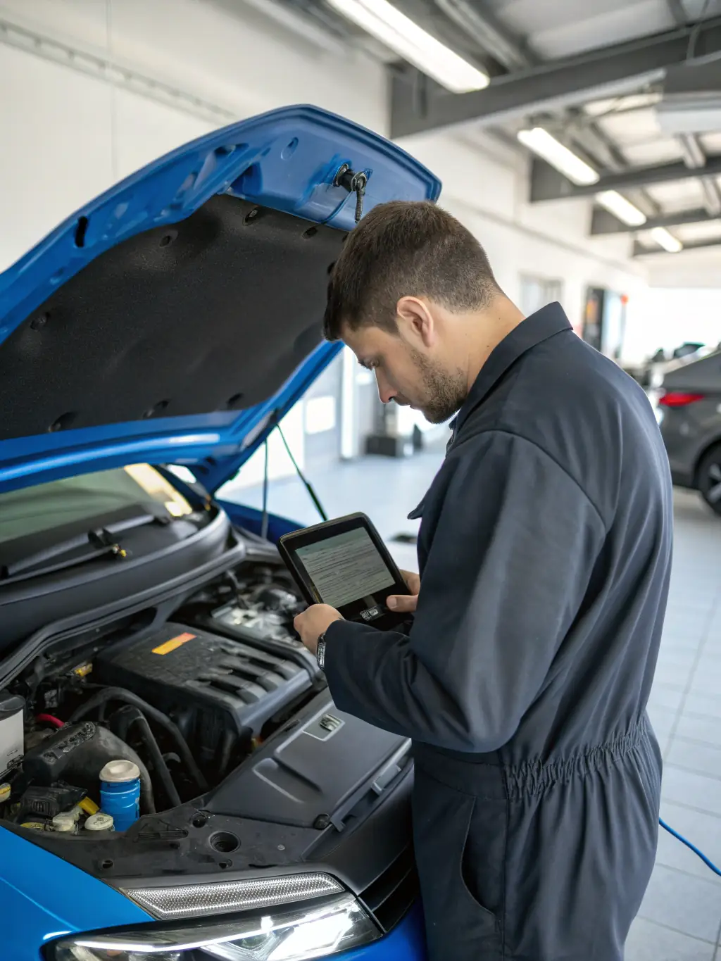 A professional technician using a diagnostic scanner on a vehicle's engine bay, with digital readouts displayed on the scanner screen, highlighting the advanced diagnostics offered by Bear Mountain Auto Repair.