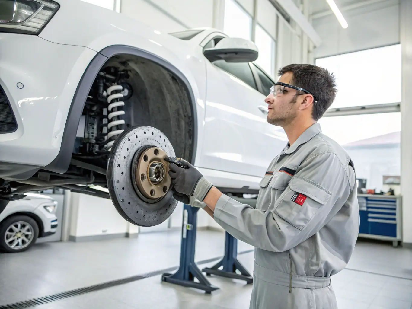 A mechanic inspecting the brake pads and rotors of a car, checking for wear and tear and ensuring they are in good working condition for safe braking.