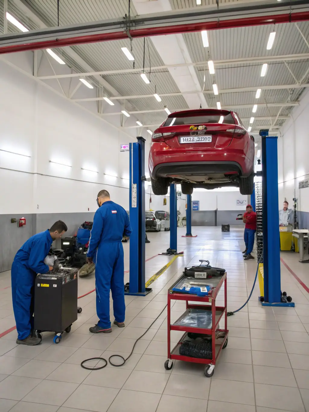 A clean and organized auto repair shop with state-of-the-art equipment and a team of experienced mechanics working on various vehicles.