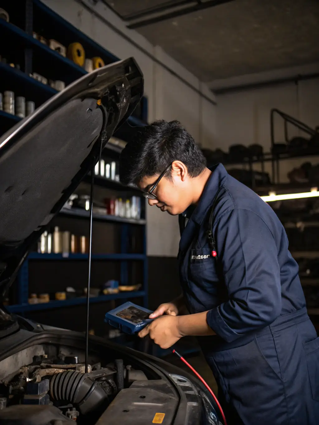 A smiling technician performing a free check engine light scan on a customer's vehicle, with a diagnostic tool connected to the dashboard, emphasizing the convenience of the service.