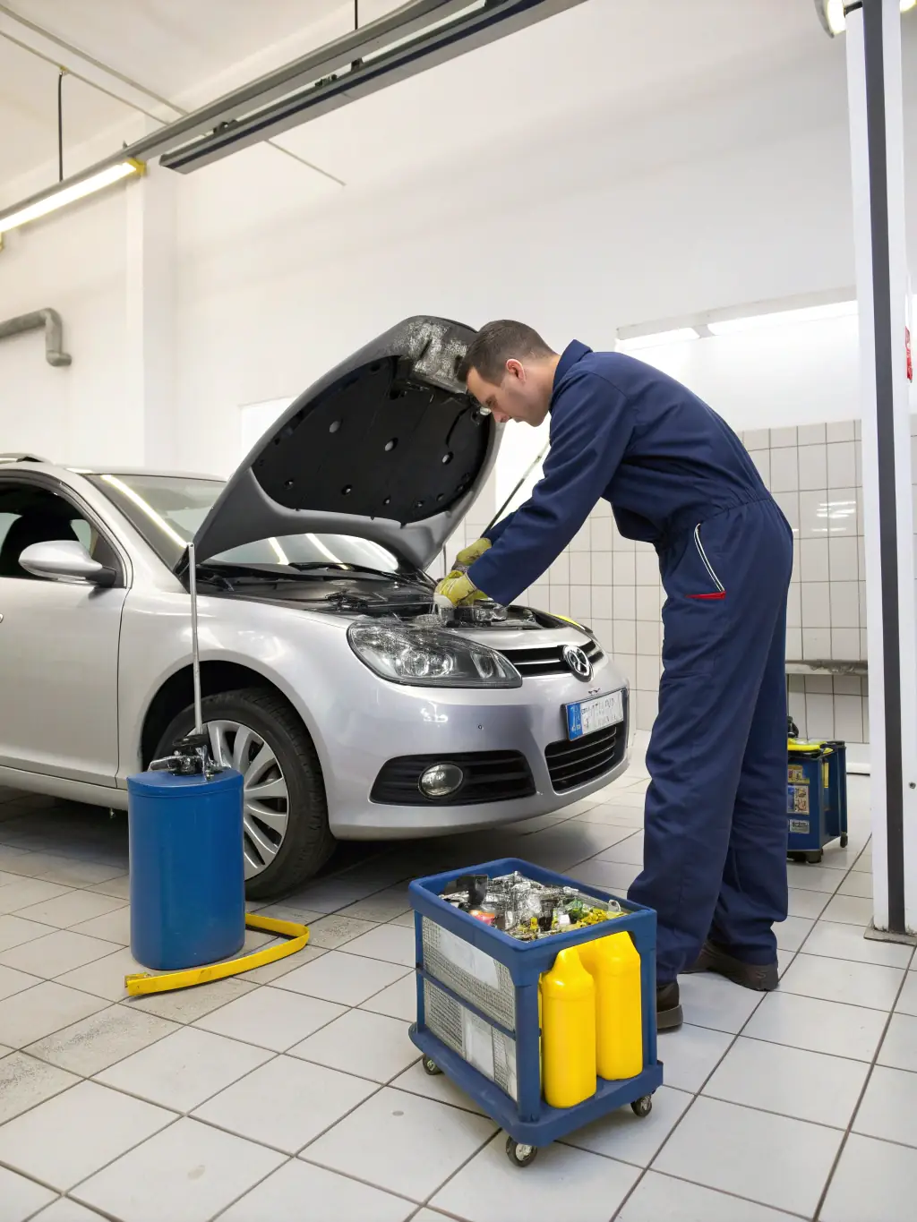 A technician changing oil in a vehicle, with fresh oil and filters visible, emphasizing cleanliness and professionalism in Bear Mountain Auto Repair's maintenance services.